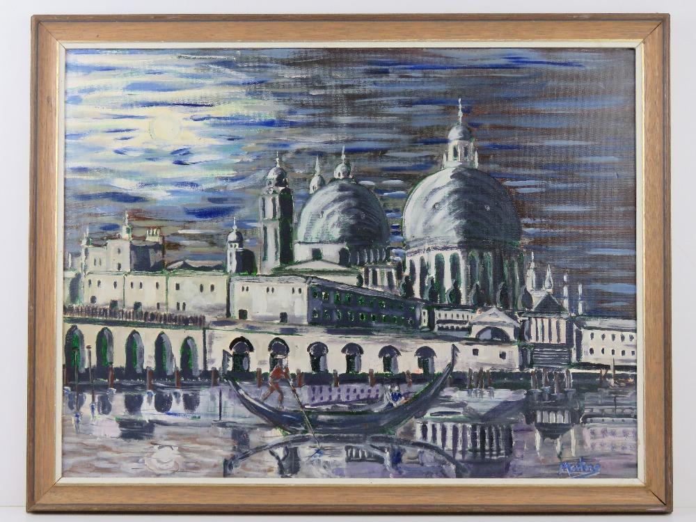 Oil and acrylic by Martino being a Venetian canal scene in moonlight having gondolier with domed