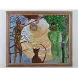 Acrylic by Martino entitled 'Past Perfect', being abstract of two nude green females with central