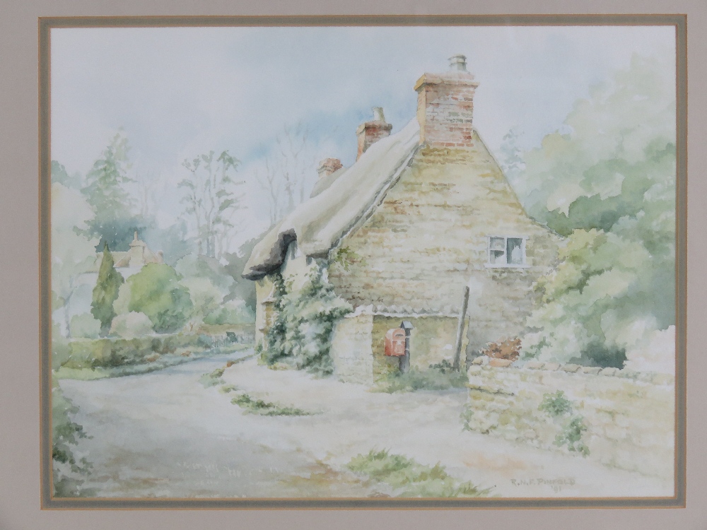 Watercolour; 'The Old Post Office, Lyndon, Rutland', country lane with thatched cottage, trees and - Image 2 of 4