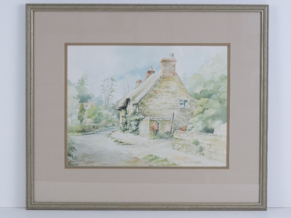 Watercolour; 'The Old Post Office, Lyndon, Rutland', country lane with thatched cottage, trees and