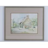 Watercolour; 'The Old Post Office, Lyndon, Rutland', country lane with thatched cottage, trees and