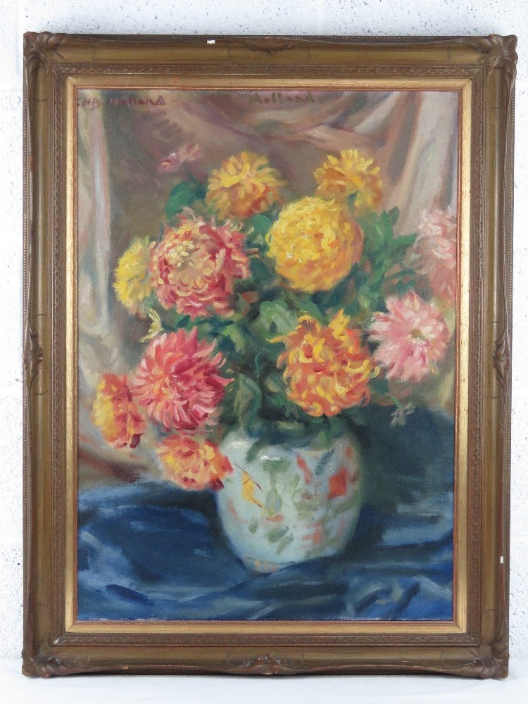 GHB (George) Holland (1901-1987), oil on canvas, still life study of Chrysanthemums, signed upper