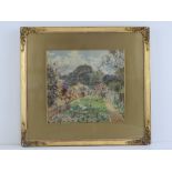 Watercolour; floral garden scene, lawn with flowers, bushes and sky beyond, signed lower right H P