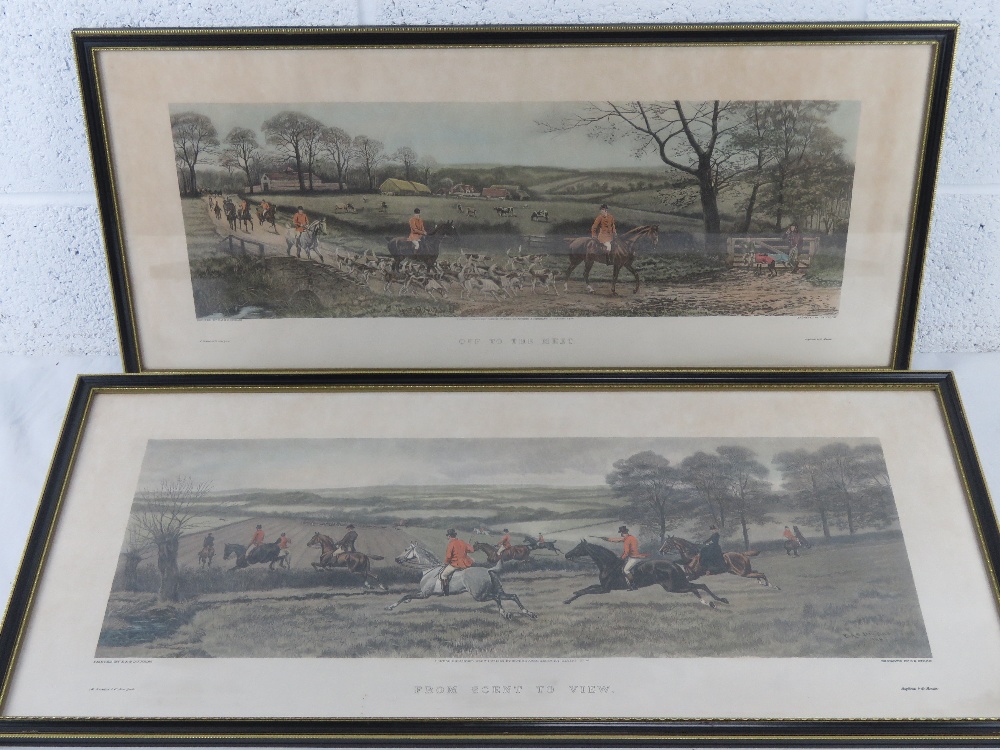 Four hunting themed hand coloured engravings, all in Hogarth frames, painted by E.A.S Douglas,