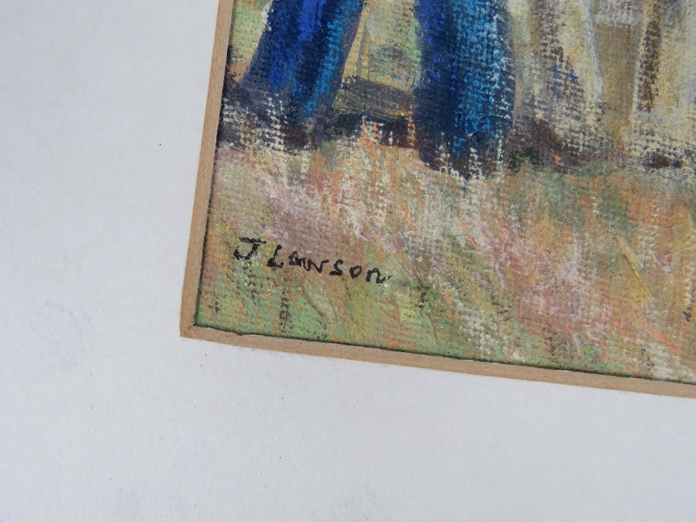 Pastel by J Lawson; three figures with landscape and sky beyond, 35 x 23cm, with mount, unframed. - Image 2 of 4