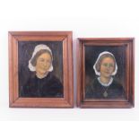 Two oil on board paintings of possibly same female in black dress and white head covering, each in