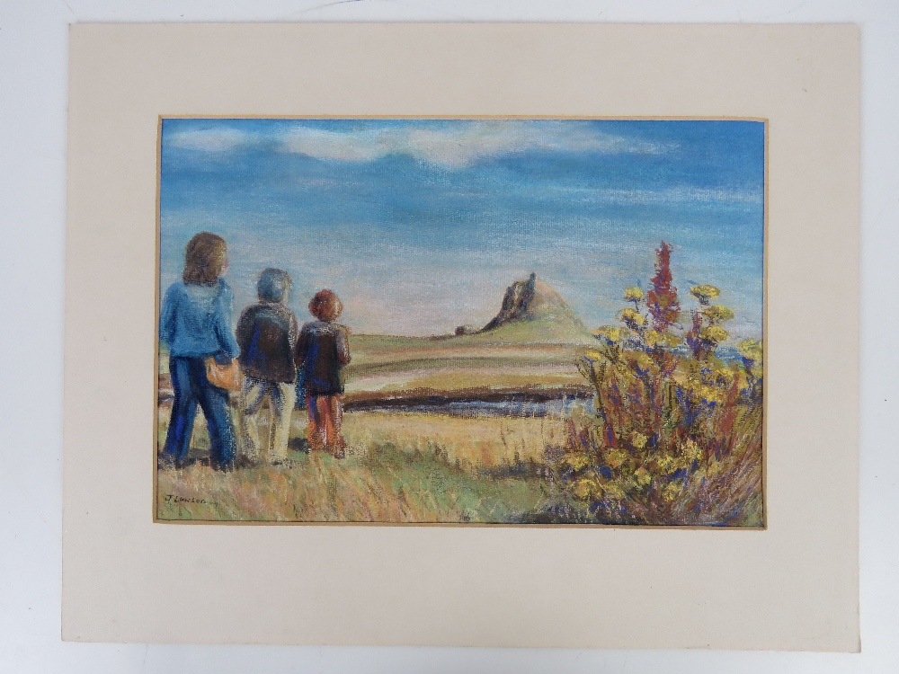 Pastel by J Lawson; three figures with landscape and sky beyond, 35 x 23cm, with mount, unframed.