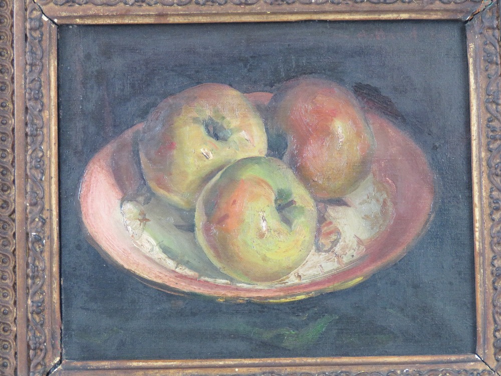 GHB (George) Holland (1901-1987), oil on canvas, still life study of three apples within a saucer - Image 2 of 5