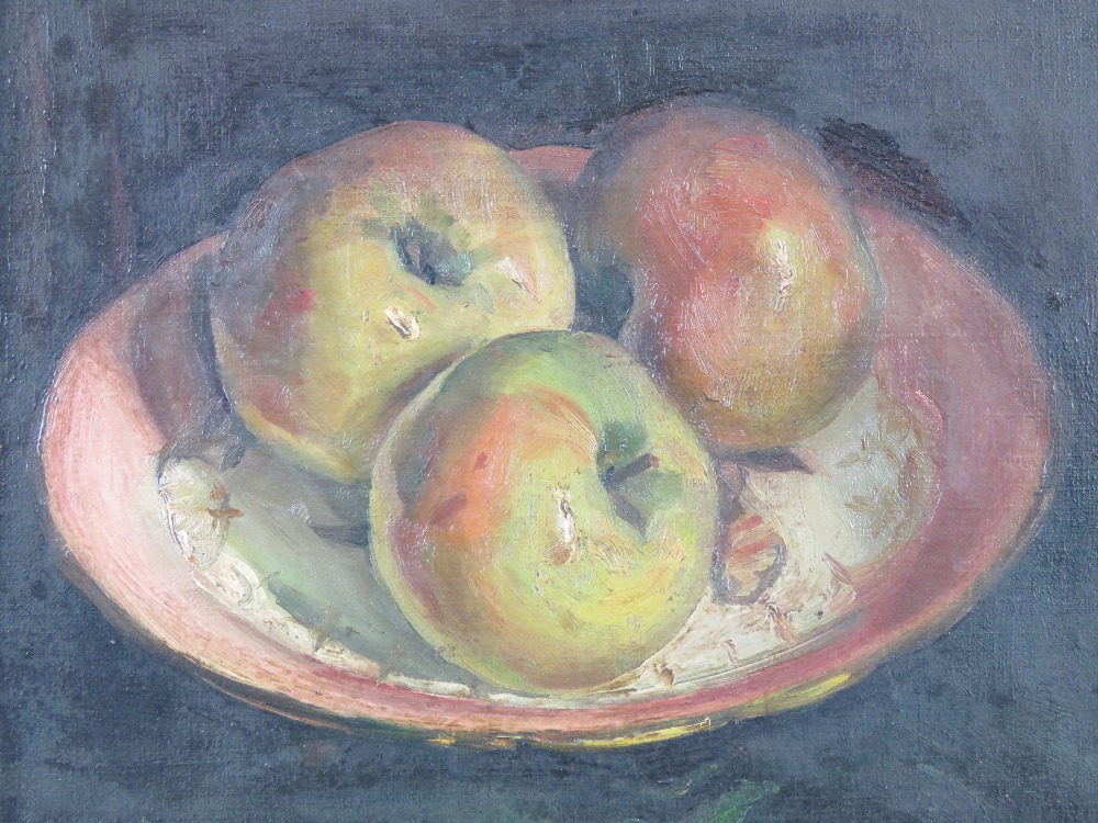 GHB (George) Holland (1901-1987), oil on canvas, still life study of three apples within a saucer - Image 3 of 5