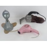 A vintage Pifco plastic hair dryer, a Vactric hand held vacuum cleaner and a GEC 12'' desk fan.