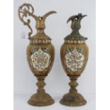 A pair of large 19th century ormolu and ceramic urns, one having a/f spout - converted for use as