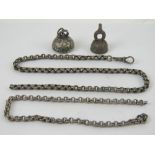 A vintage white metal watch chain with clasp, together with two white metal seal fobs. A/F.