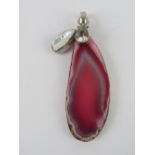 A large pink banded agate, pearl and CZ pendant, stamped 925 and measuring 7.8cm inc bale.