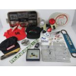 A quantity of vintage motor related items including chrome wing mirror, keyrings, bicycle lights,