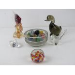 A quantity of glass paperweights two in the style of Wedgwood being a duck and another bird, also