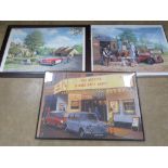 Three assorted motoring themed framed jigsaw puzzles (completed).