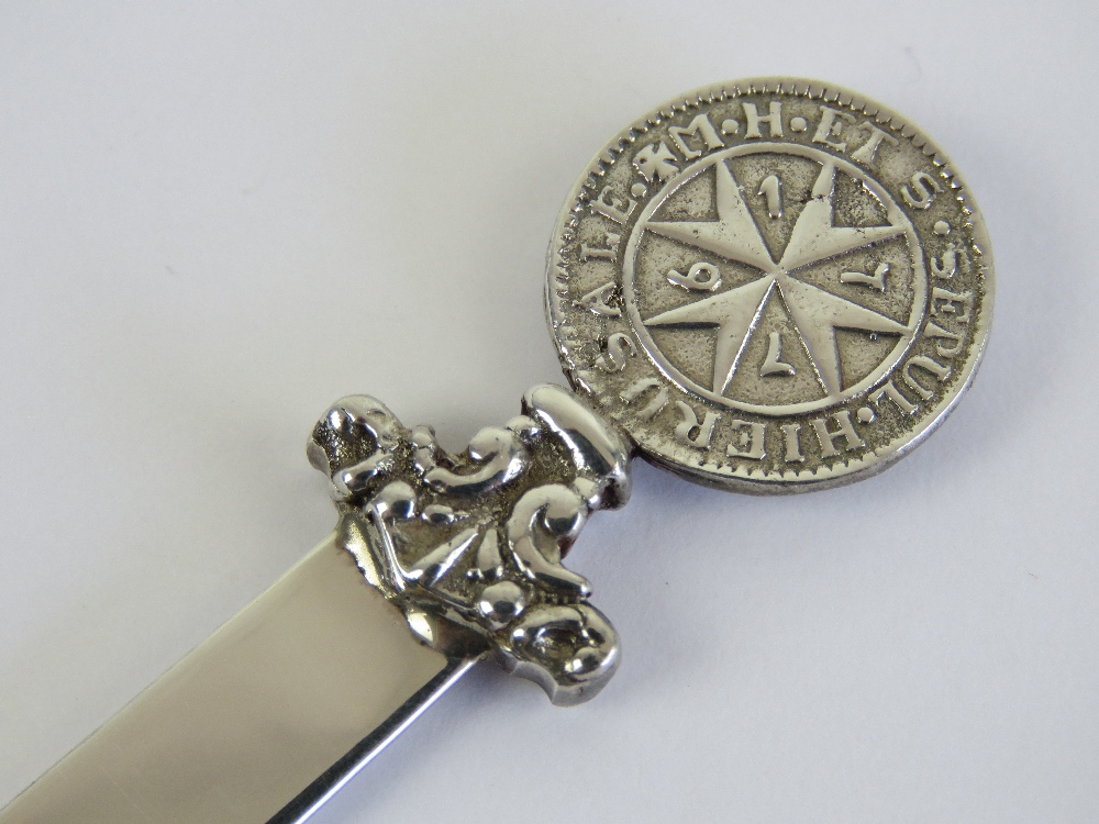 A silver Maltese Cross letter opener or page marker, the blade bearing 925 hallmark, the terminal