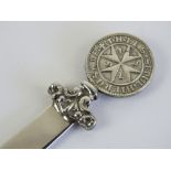 A silver Maltese Cross letter opener or page marker, the blade bearing 925 hallmark, the terminal