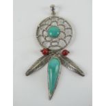 A large silver and turquoise Native American style dream catcher pendant, stamped 925 and