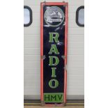 An original enamelled tin plate advertising sign 'His Masters Voice Radio' measuring 46 x 183cm.