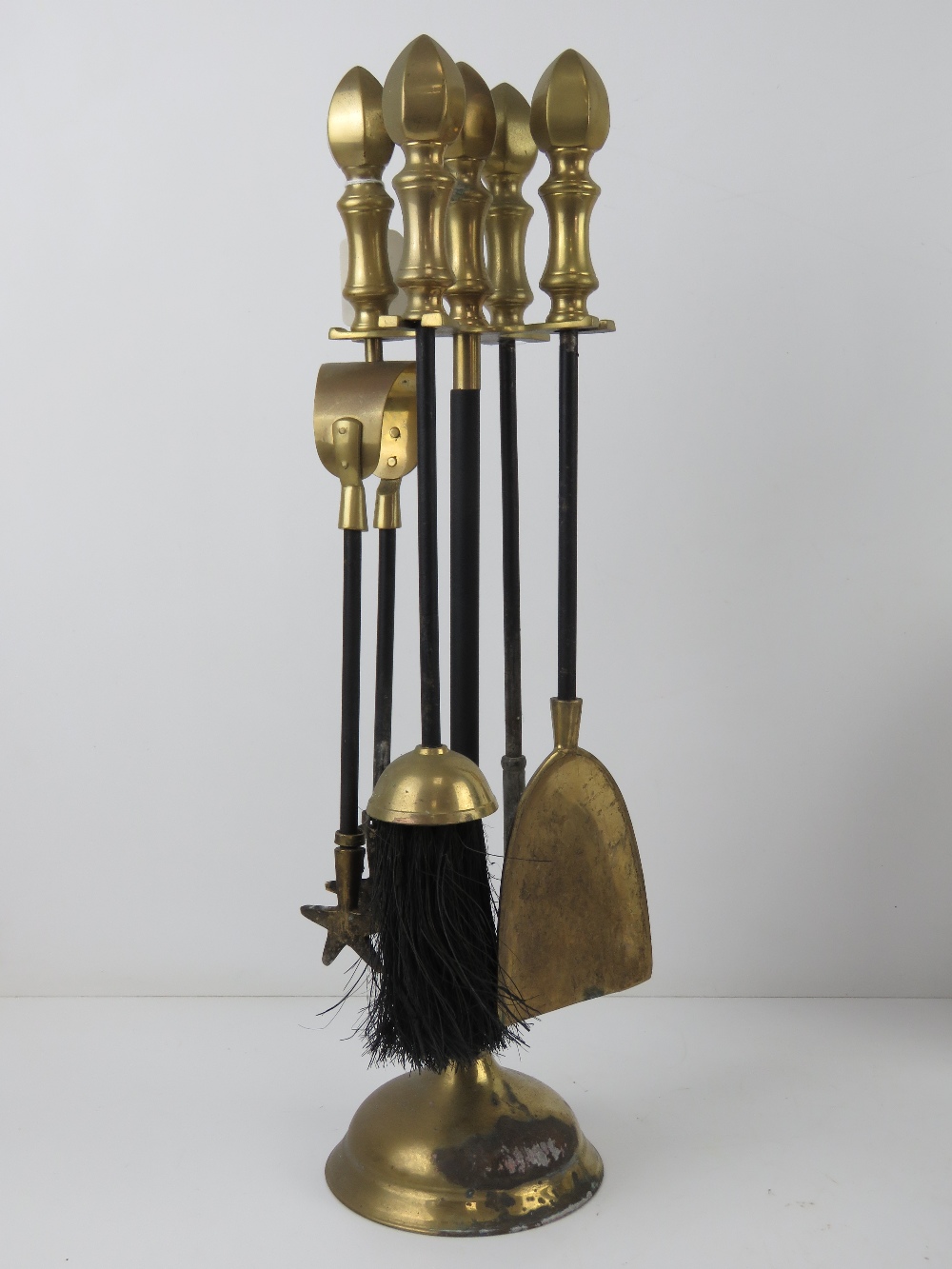 A brass and black painted metal fireside companion set comprising stand, brush, pan, poker and - Image 2 of 2