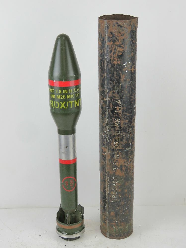 An inert Panzerfaust rocket in transit case, 3.5 in HEAT UK M28 MK 1/1 RDX/TNT. Total length 64cm.