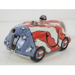 A Lorna Bailey teapot in the form of a racing car, 'USA 1' pattern,