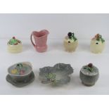 A pair of Shorter & Son condiment pots having plum and strawberry fields together with Shorter &