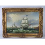 A 20thC oil on canvas; Maritime scene of masted sailing ships leaving port in a fair wind. Unsigned.