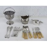 A small quantity of silver plated items inc sauce boat, milk jug, bon bon dish with swing handle,