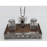 A superb 19th century Chinese Qing Dynasty silver and wood decorative desk standish bearing marks