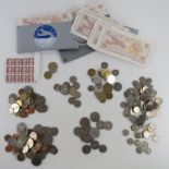 A quantity of assorted English and Continental post war cupro-nickel coinage, 15 x QEII 5p stamps,