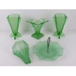 A pair of Art Deco green glass vases, together with a frosted green glass Art Deco wall pocket,