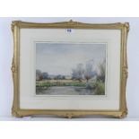 Watercolour; view over reeded lake, trees and sky beyond etc, unsigned in good gilt frame 25 x 34cm.