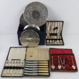 A set of silver plated cake knives in fitted box together with other cutlery and silver plated