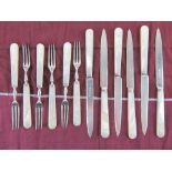 A fine set of HM silver and mother of pearl handled cake knives and forks for six settings,