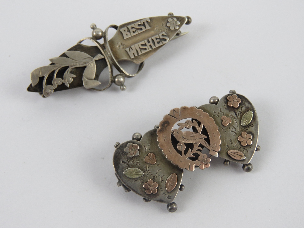 Two silver sweetheart brooches one having floral motif and 'Best Wishes' hallmarked Birmingham,