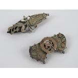 Two silver sweetheart brooches one having floral motif and 'Best Wishes' hallmarked Birmingham,