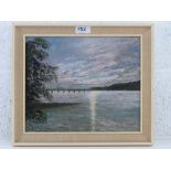 Acrylic on board, unknown artist, dusky lakeside scene, bridge and mountains beyond, 30 x 24cm.
