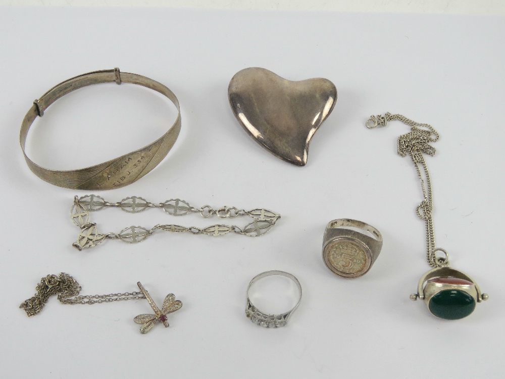 A quantity of silver and white metal jewellery including sterling silver bangle, 925 heart brooch,