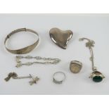 A quantity of silver and white metal jewellery including sterling silver bangle, 925 heart brooch,