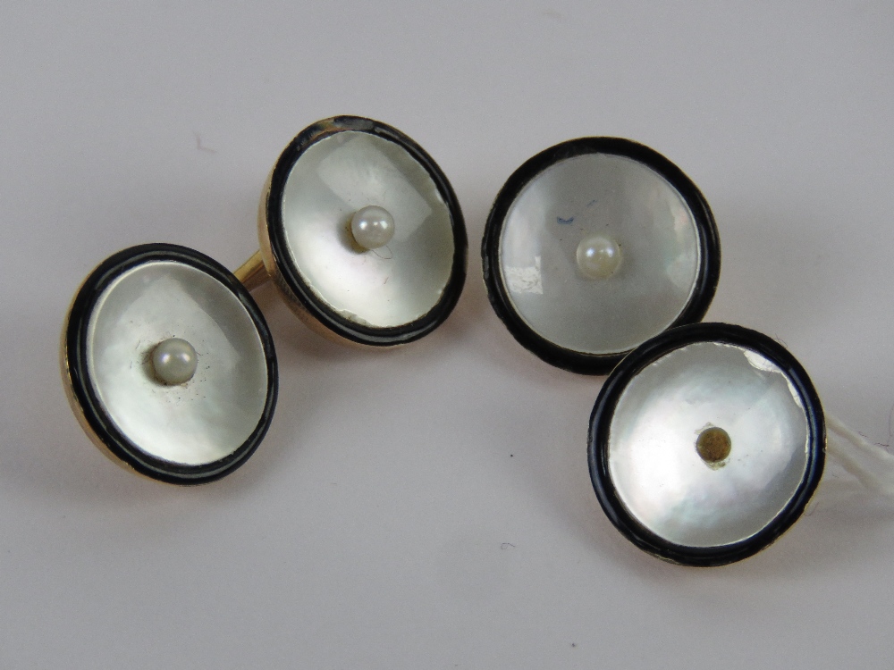 A pair of 9ct gold mother of pearl and seed pearl cuff links presented within Garrard & Co Ltd box, - Image 2 of 4