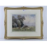 Watercolour; hayfield with hay cart, horse and rickmakers, trees and sky beyond. Unsigned 25 x 34cm.