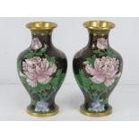 A pair of contemporary baluster cloisonné Canton enamel vases , black ground,
