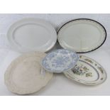 A quantity of assorted large serving plates or meat dishes inc blue and white Brownfield & Sons