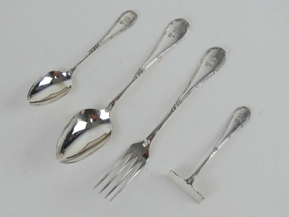 A German silver Christening set in original fitted box comprising fork, spoon, teaspoon and pusher, - Image 2 of 4