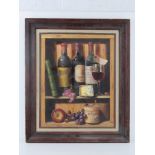 Oil on board; a fine contemporary Bacchus painting depicting a shelf of red wine bottles, glass,