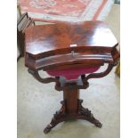 A good half veneered walnut work table having flame mahogany top,