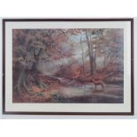 A signed print of an original painting by Elizabeth M Halstead entitled 'Woodland Stream' depicting