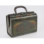 A vintage Huntley & Palmers biscuit tin in the form of a Gladstone style handbag having floral